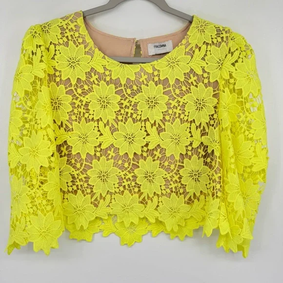Fracomina Italian Brand Lace Cropped Top Neon Green Size Small - Picture 4 of 9